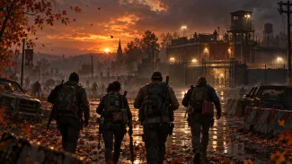 Four survivors crossing an autumn street toward a fortified safehouse