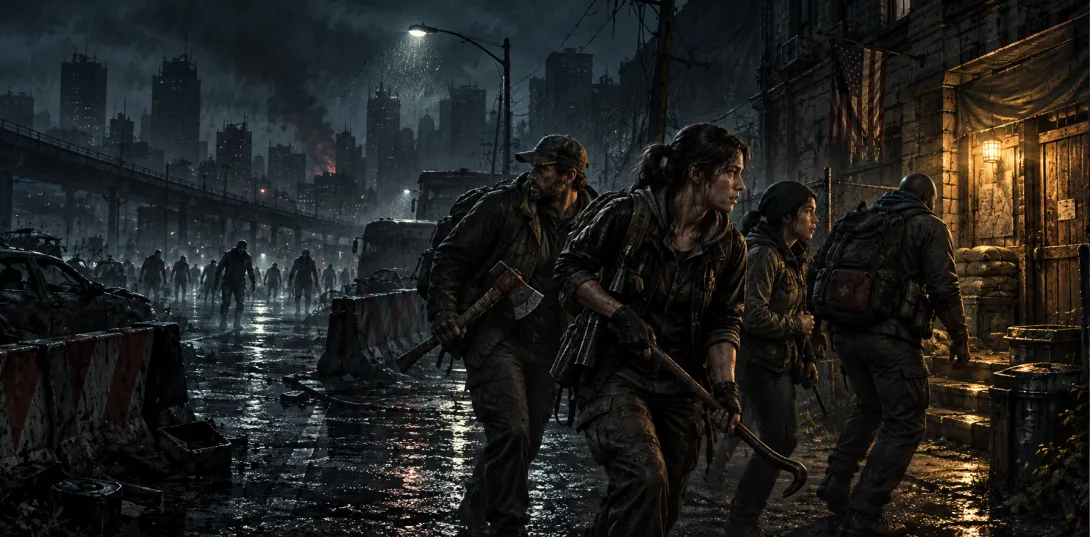 Four survivors approach a refuge while infected gather on a rain-soaked city street